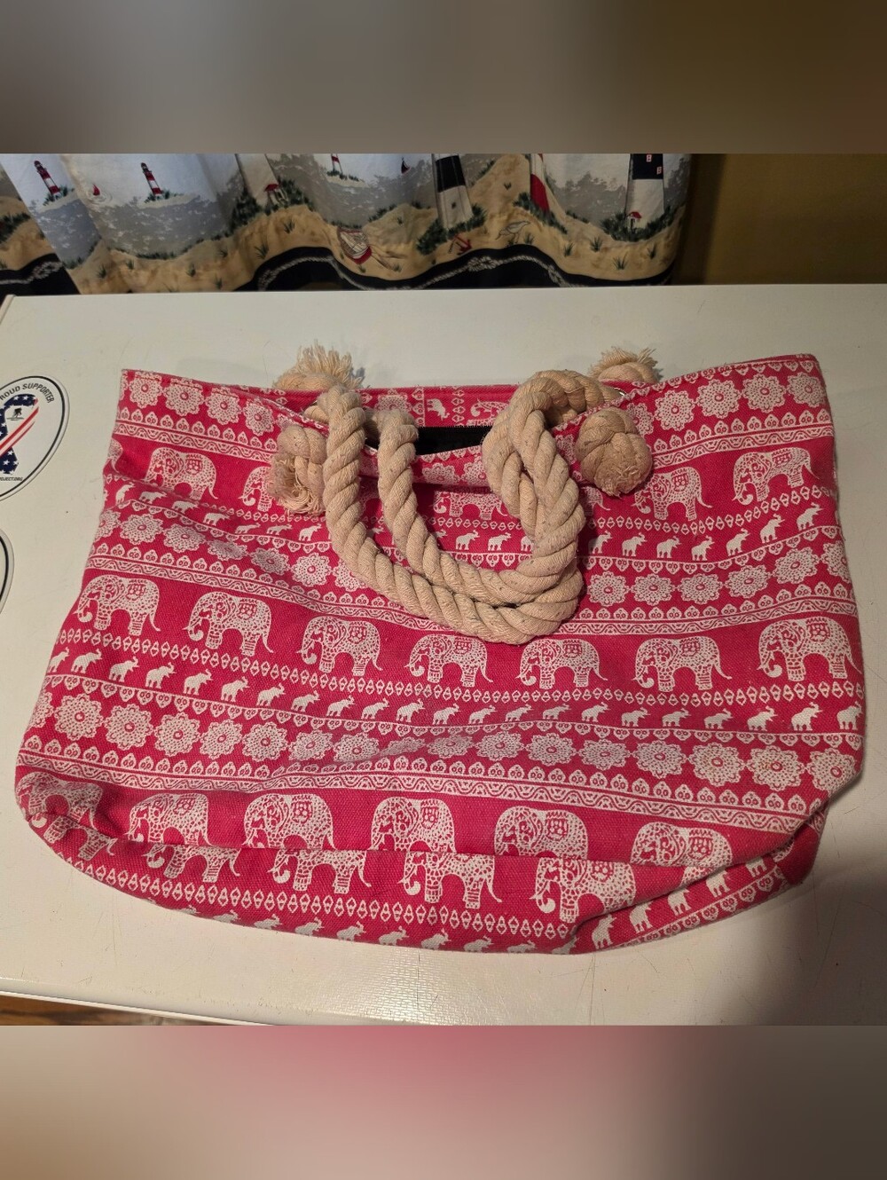 Cotton Elephant Print Rope-Handle Beach Tote Pink& White